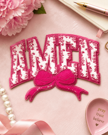 ILTEX Apparel Chenille Patches Pink CP1240 - Amen Floral Chenille Bow Patch
