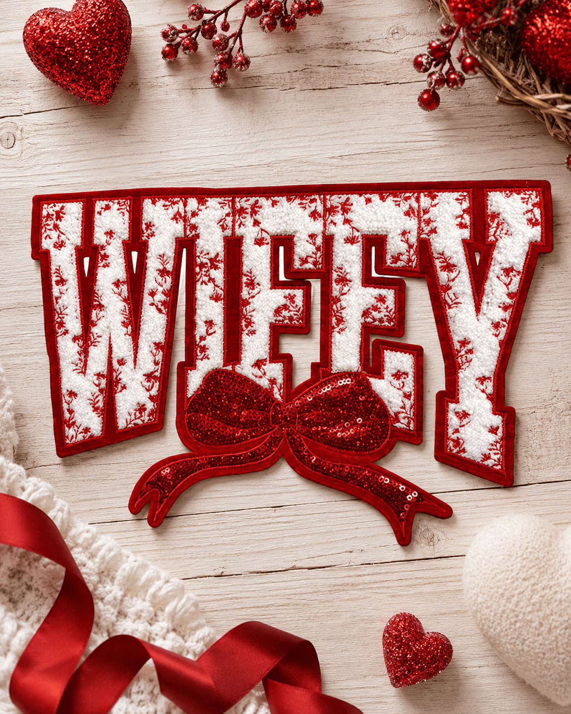 ILTEX Apparel Chenille Patches Red CP1233 - Wifey Floral Chenille Bow Patch
