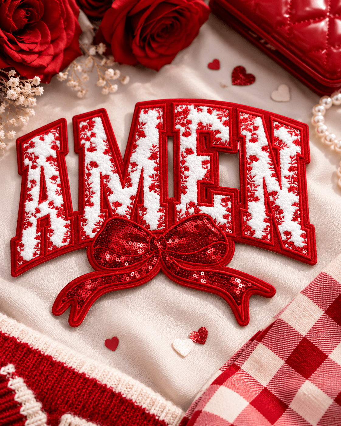 ILTEX Apparel Chenille Patches Red CP1240 - Amen Floral Chenille Bow Patch