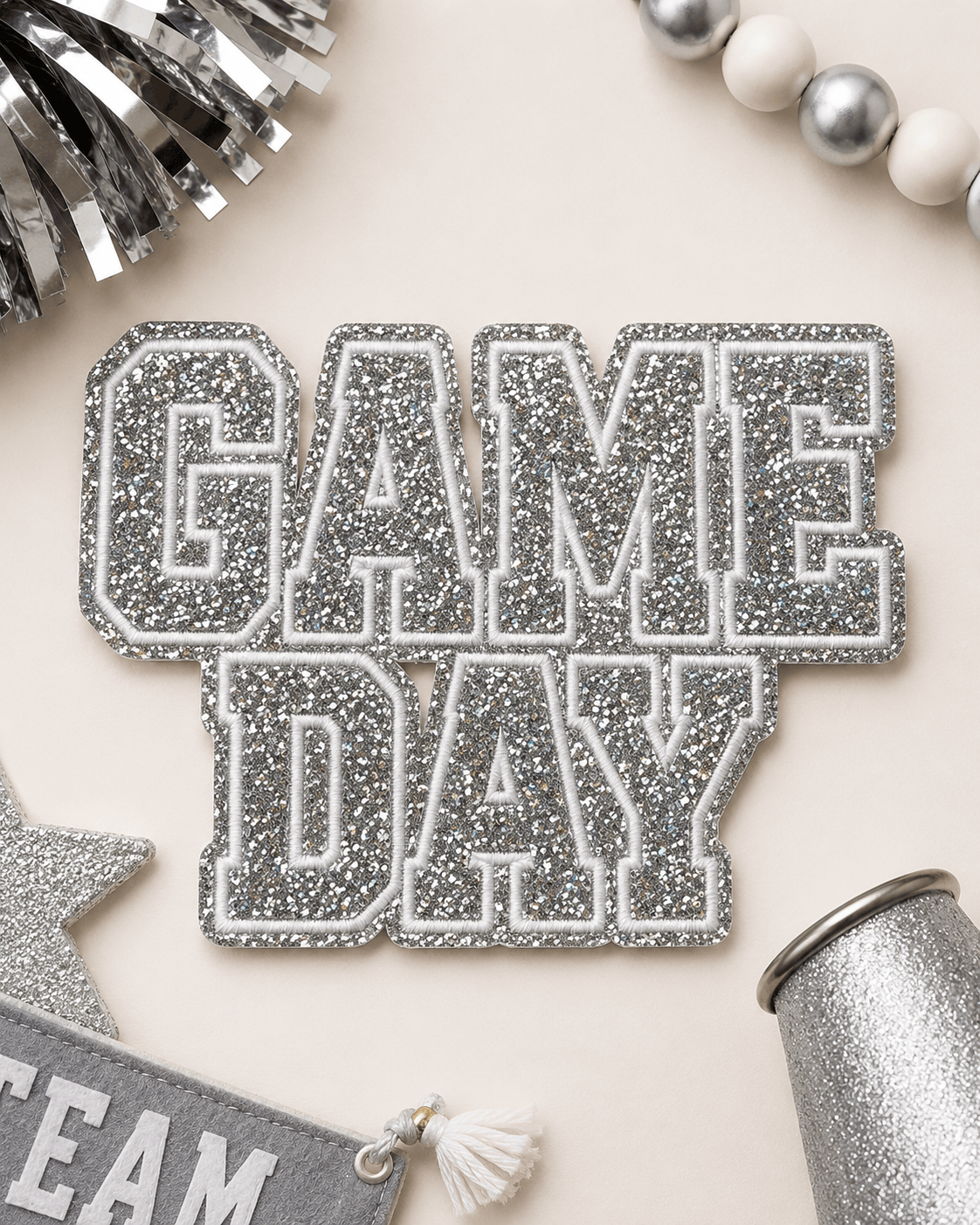 ILTEX Apparel Chenille Patches Silver CP1246 - Glittery Game Day Hat Patches