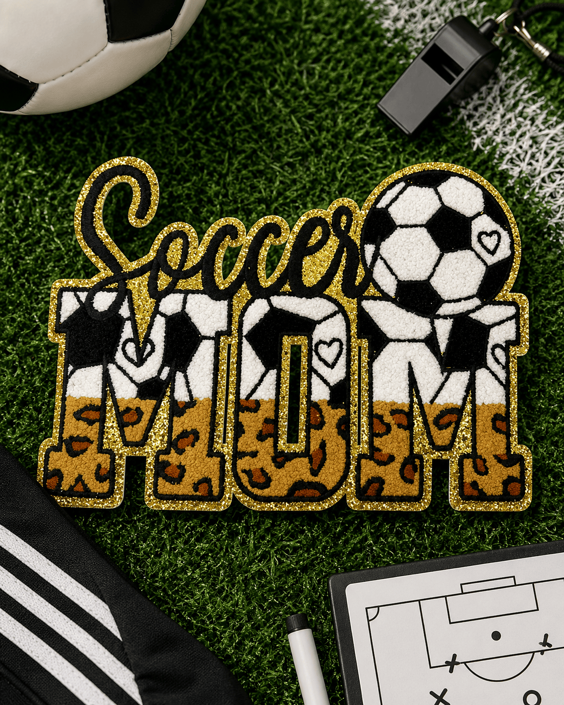 ILTEX Apparel Chenille Patches Soccer Mom CP1241 - Glitter Leopard Sports Mom Chenille Patch Collection