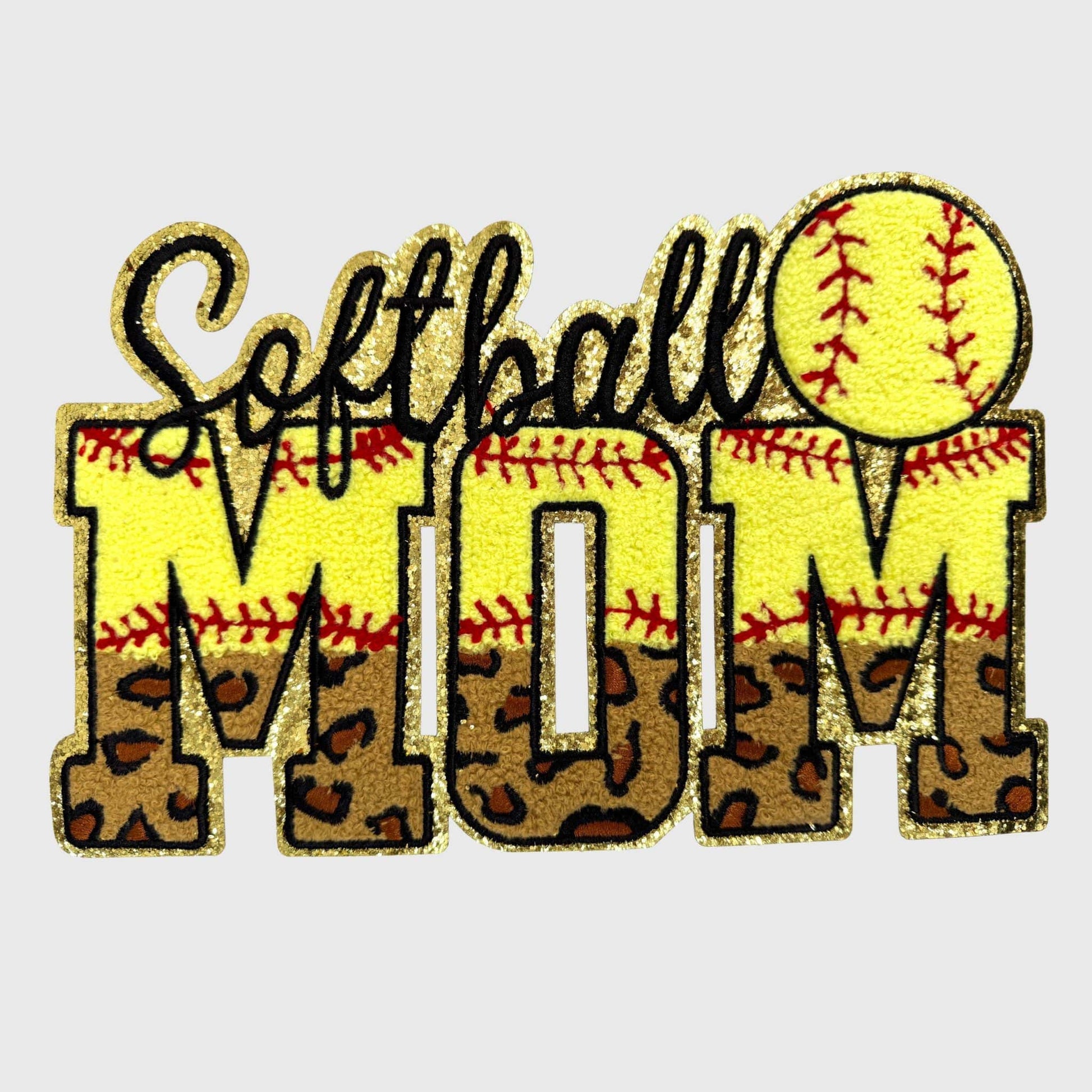 ILTEX Apparel Chenille Patches Softball Mom CP12341 - Glitter Leopard Sports Mom Chenille Patch Collection