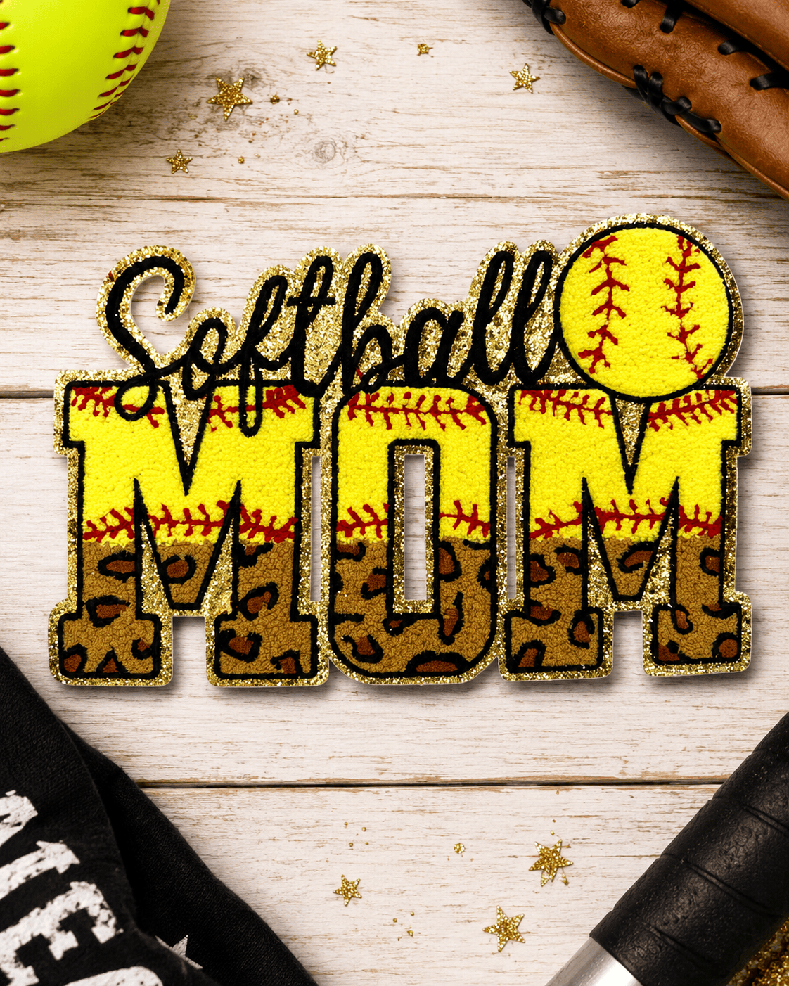 ILTEX Apparel Chenille Patches Softball Mom CP1241 - Glitter Leopard Sports Mom Chenille Patch Collection