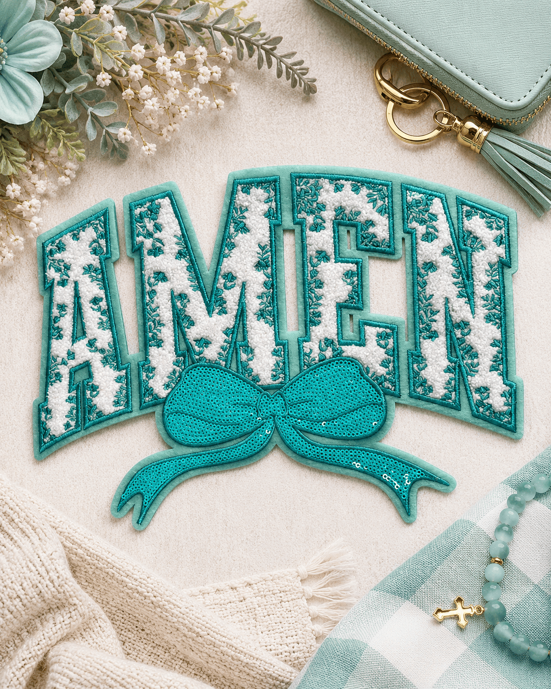 ILTEX Apparel Chenille Patches Teal CP1240 - Amen Floral Chenille Bow Patch