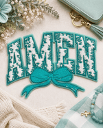 ILTEX Apparel Chenille Patches Teal CP1240 - Amen Floral Chenille Bow Patch