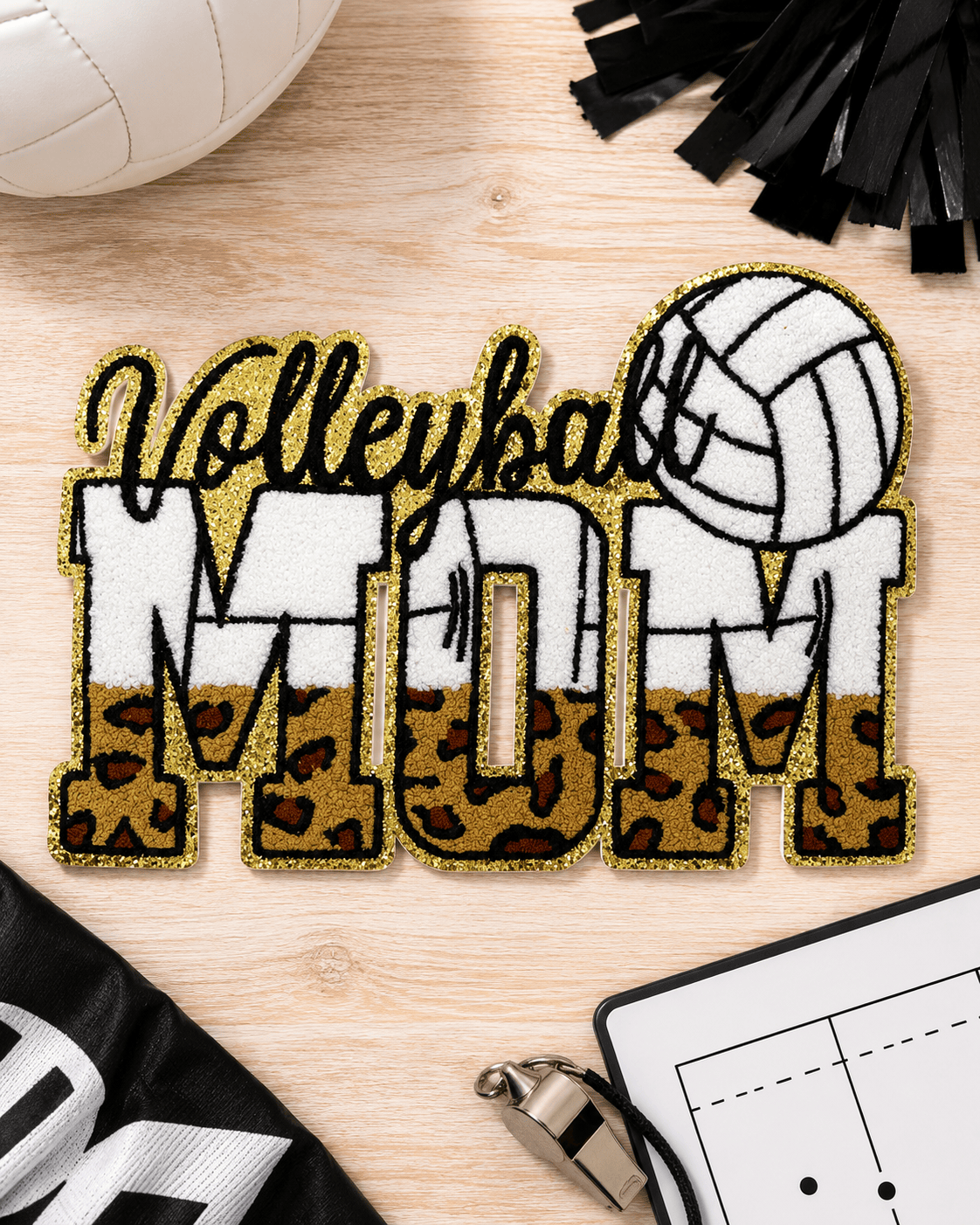 ILTEX Apparel Chenille Patches Volleyball Mom CP1241 - Glitter Leopard Sports Mom Chenille Patch Collection