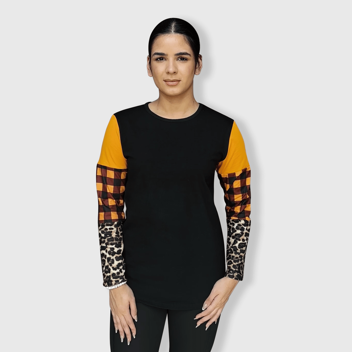 ILTEX Apparel Color Block Cheetah Orange Plaid Top