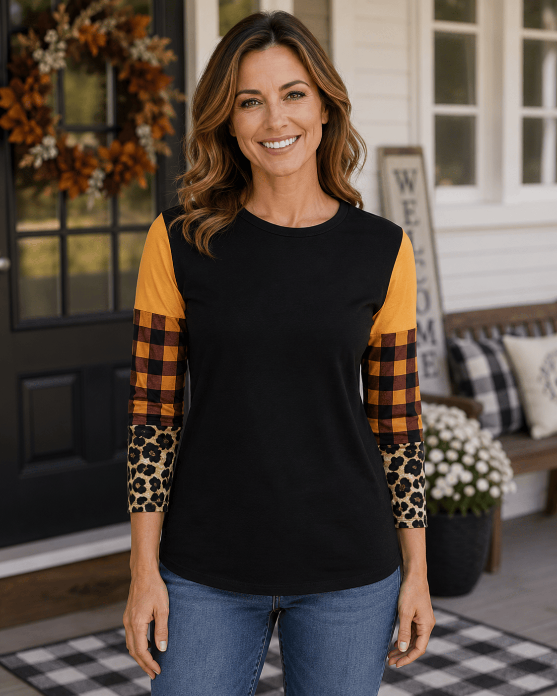 ILTEX Apparel Color Block Cheetah Orange Plaid Top