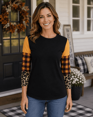 ILTEX Apparel Color Block Cheetah Orange Plaid Top