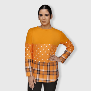 ILTEX Apparel Color Block Orange Polka Dot Plaid Top