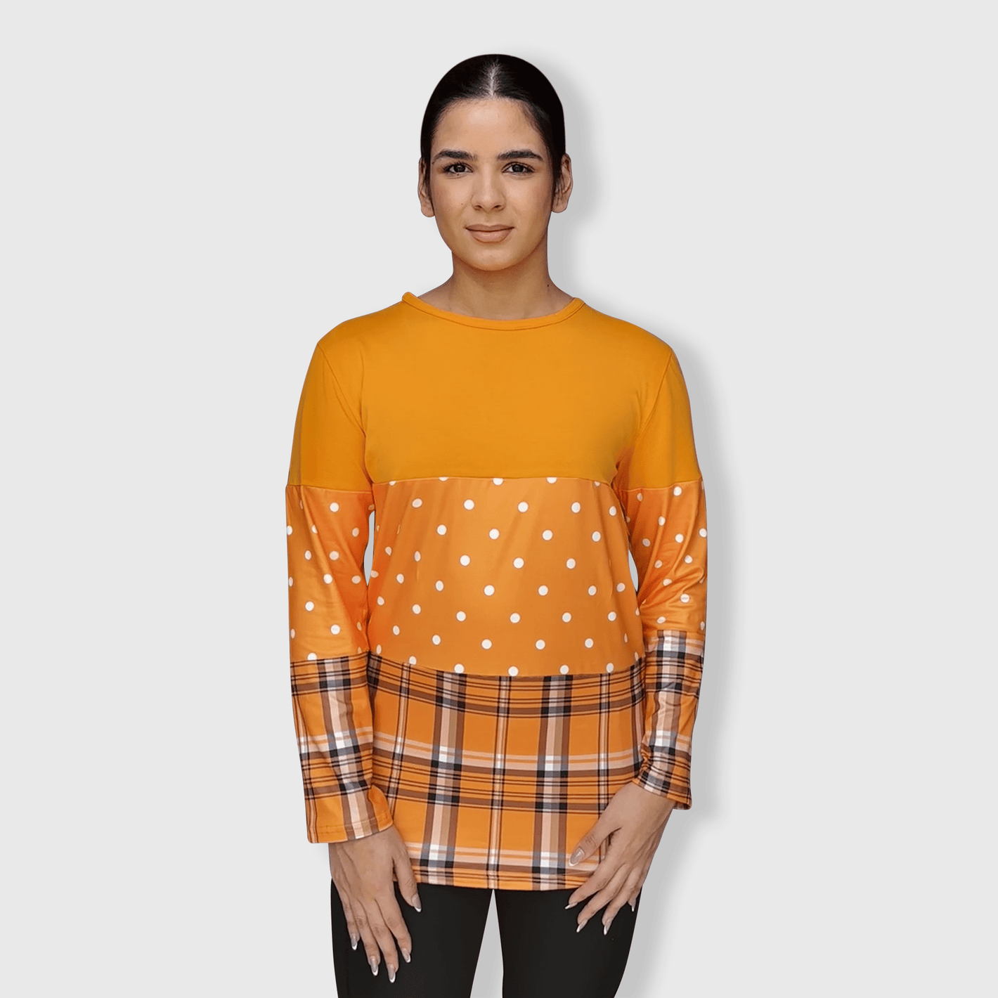 ILTEX Apparel Color Block Orange Polka Dot Plaid Top