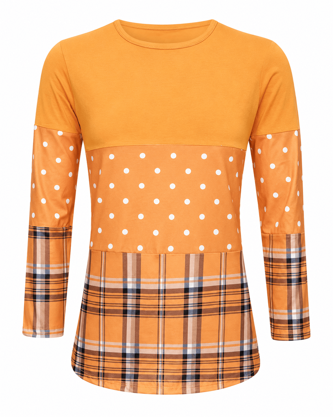 ILTEX Apparel Color Block Orange Polka Dot Plaid Top