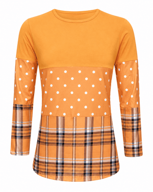 ILTEX Apparel Color Block Orange Polka Dot Plaid Top