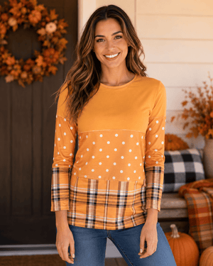 ILTEX Apparel Color Block Orange Polka Dot Plaid Top