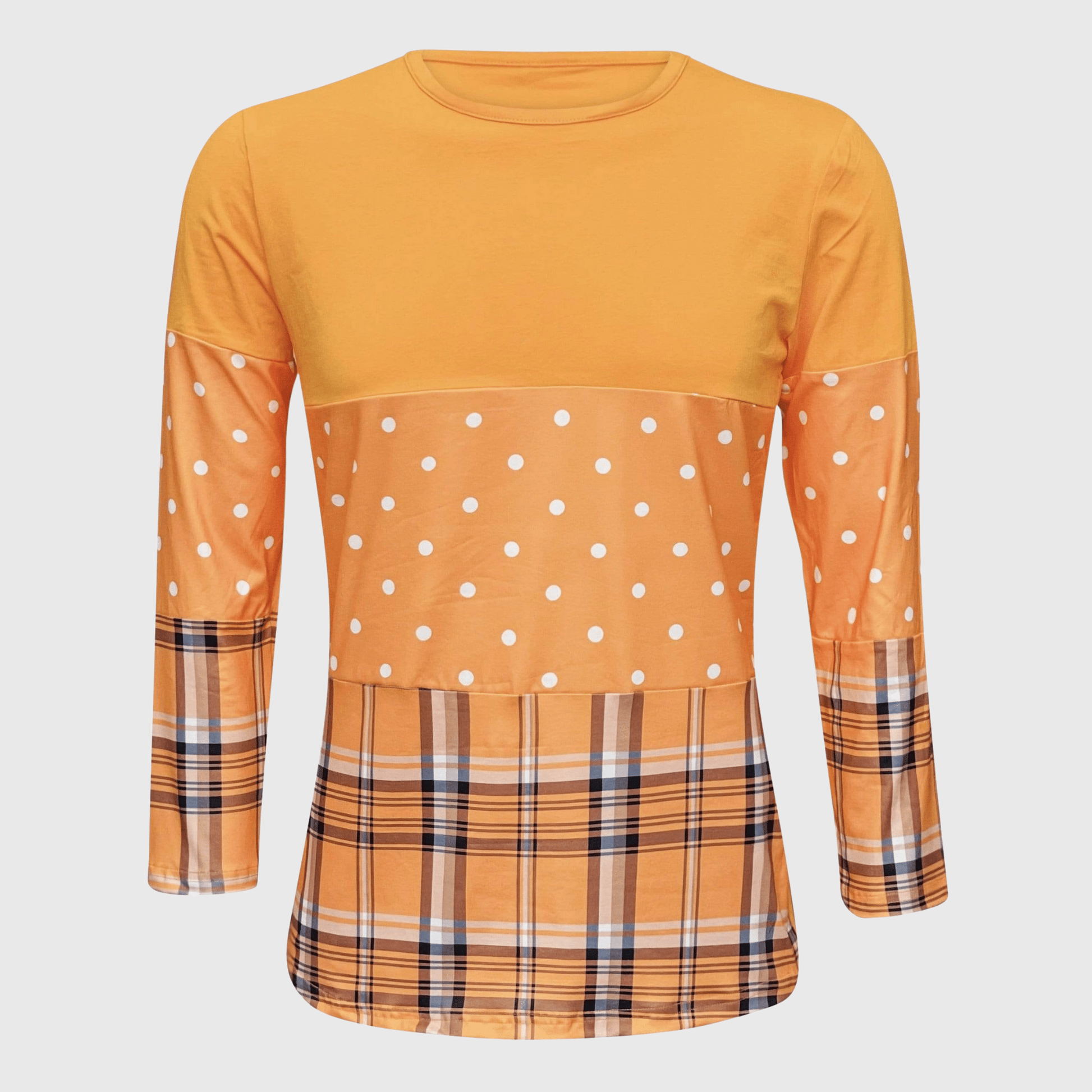 ILTEX Apparel Color Block Orange Polka Dot Plaid Top