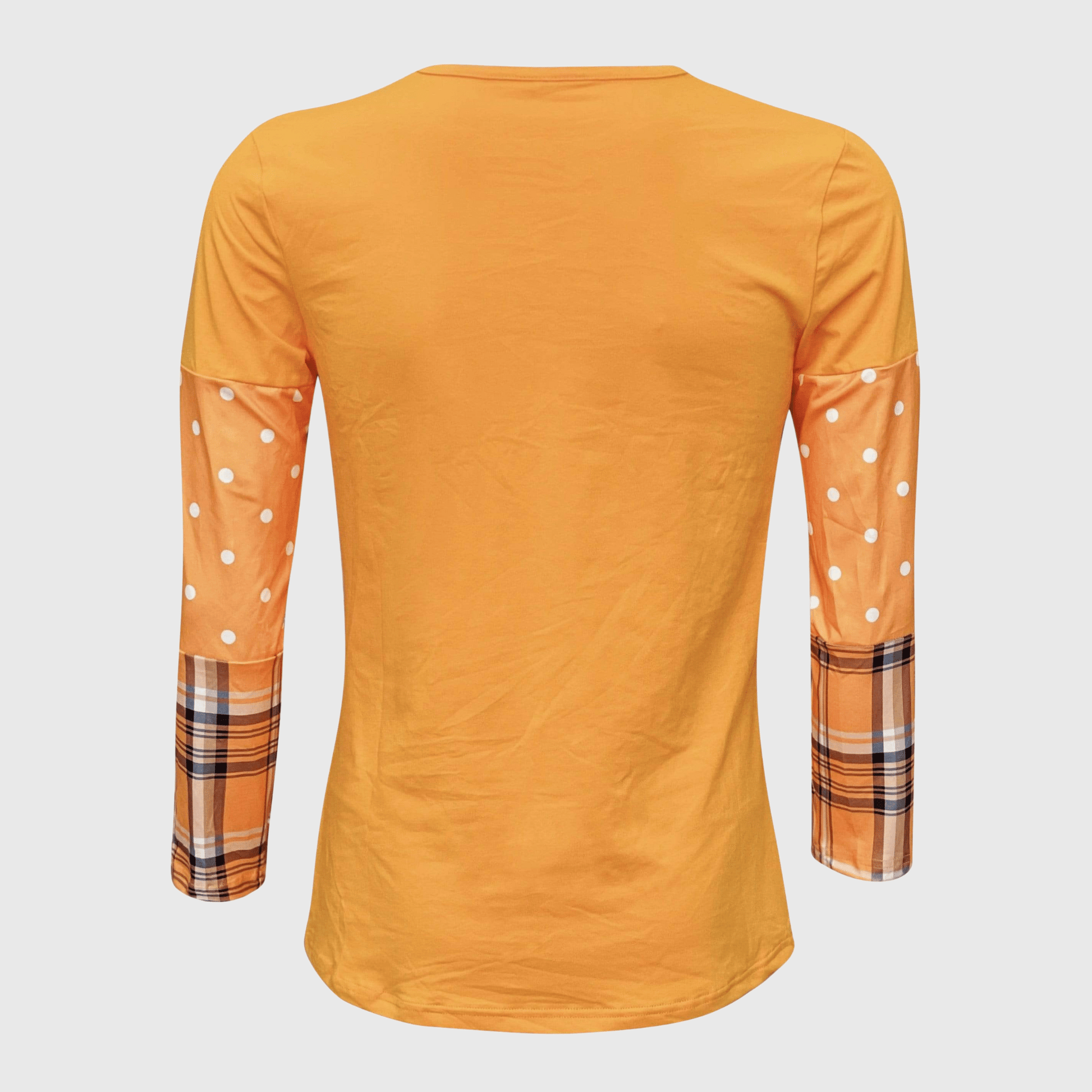 ILTEX Apparel Color Block Orange Polka Dot Plaid Top