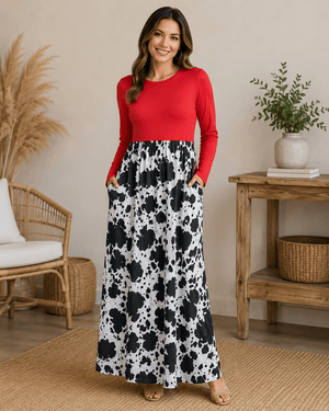 ILTEX Apparel Cow Red Long Sleeve Maxi Dress Women