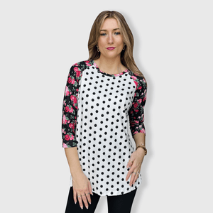 ILTEX Apparel Floral White Polka Dot Top