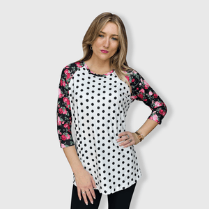 ILTEX Apparel Floral White Polka Dot Top