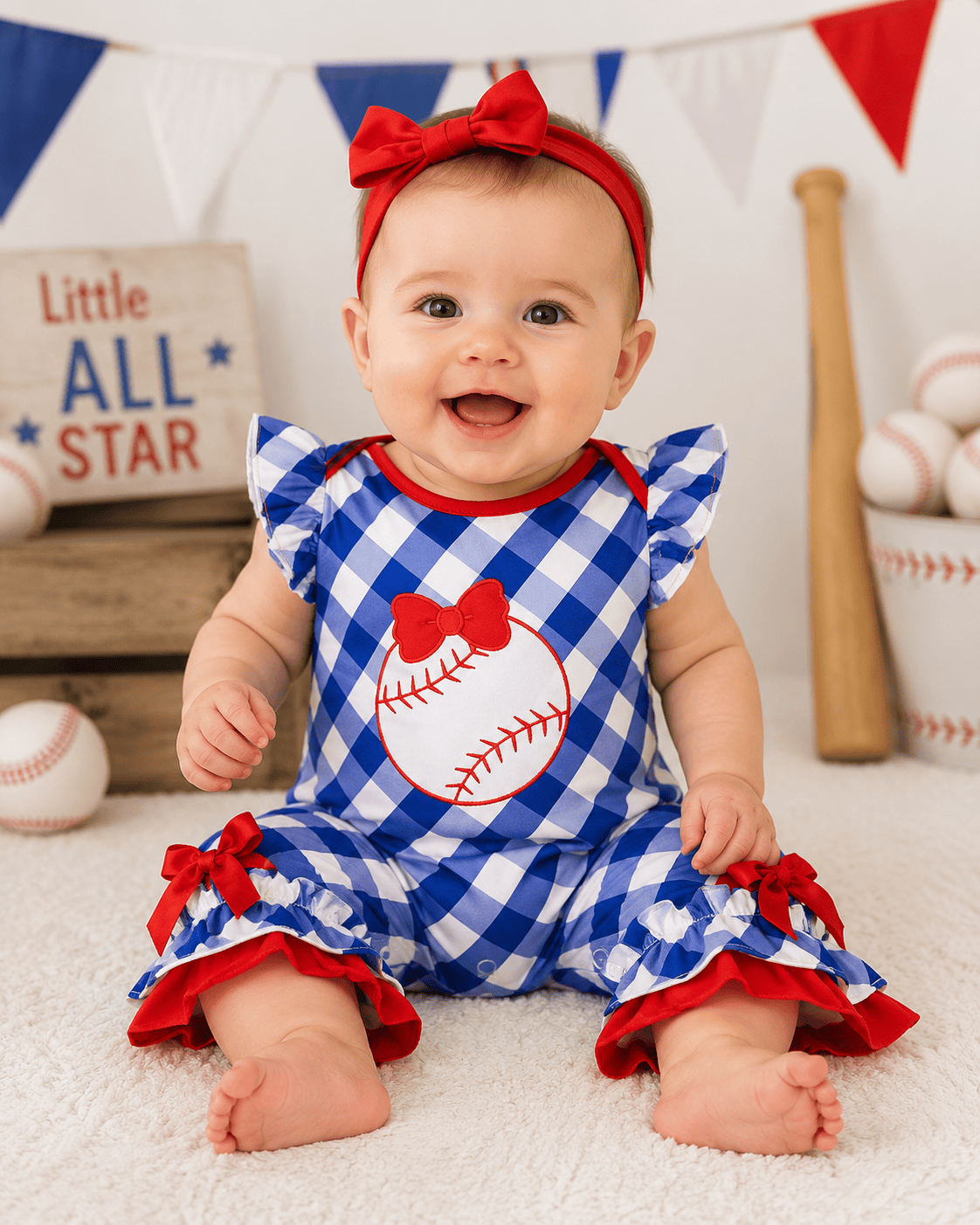 ILTEX Apparel Kids Clothing Baseball Blue Checkered Romper Kids