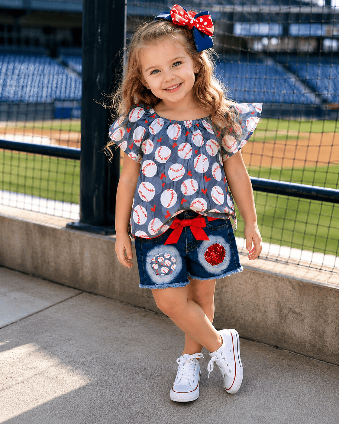 ILTEX Apparel Kids Clothing Baseball Hearts Gray Denim Shorts Sequin Kids Outfit