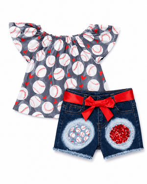 ILTEX Apparel Kids Clothing Baseball Hearts Gray Denim Shorts Sequin Kids Outfit