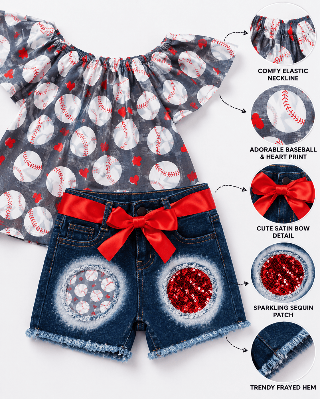 ILTEX Apparel Kids Clothing Baseball Hearts Gray Denim Shorts Sequin Kids Outfit