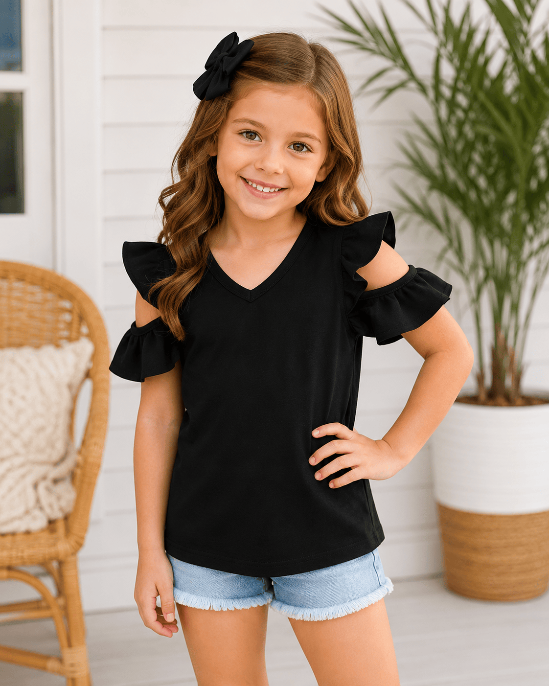 ILTEX Apparel Kids Clothing Black / 1-2 years Cold Shoulder Ruffled Top Kids