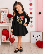 ILTEX Apparel Kids Clothing Black Cold Shoulder Dress 'Love is All You Need' - Kids