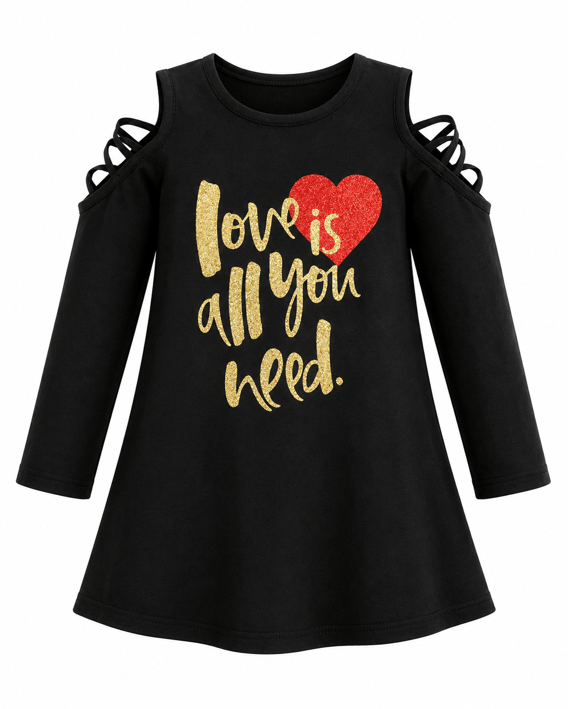 ILTEX Apparel Kids Clothing Black Cold Shoulder Dress 'Love is All You Need' - Kids