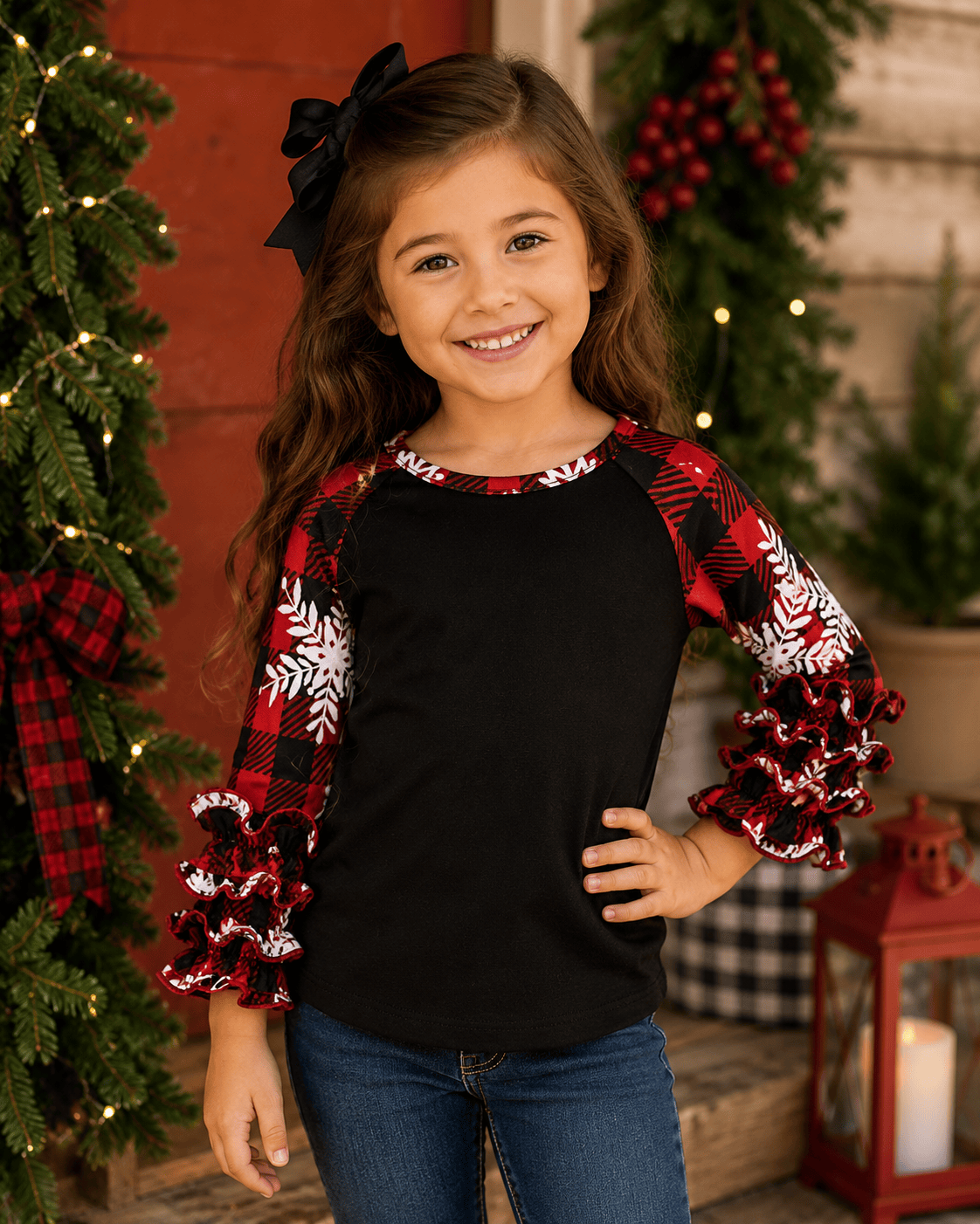 ILTEX Apparel Kids Clothing Buffalo Black Red Plaid Snowflakes Ruffle Kids