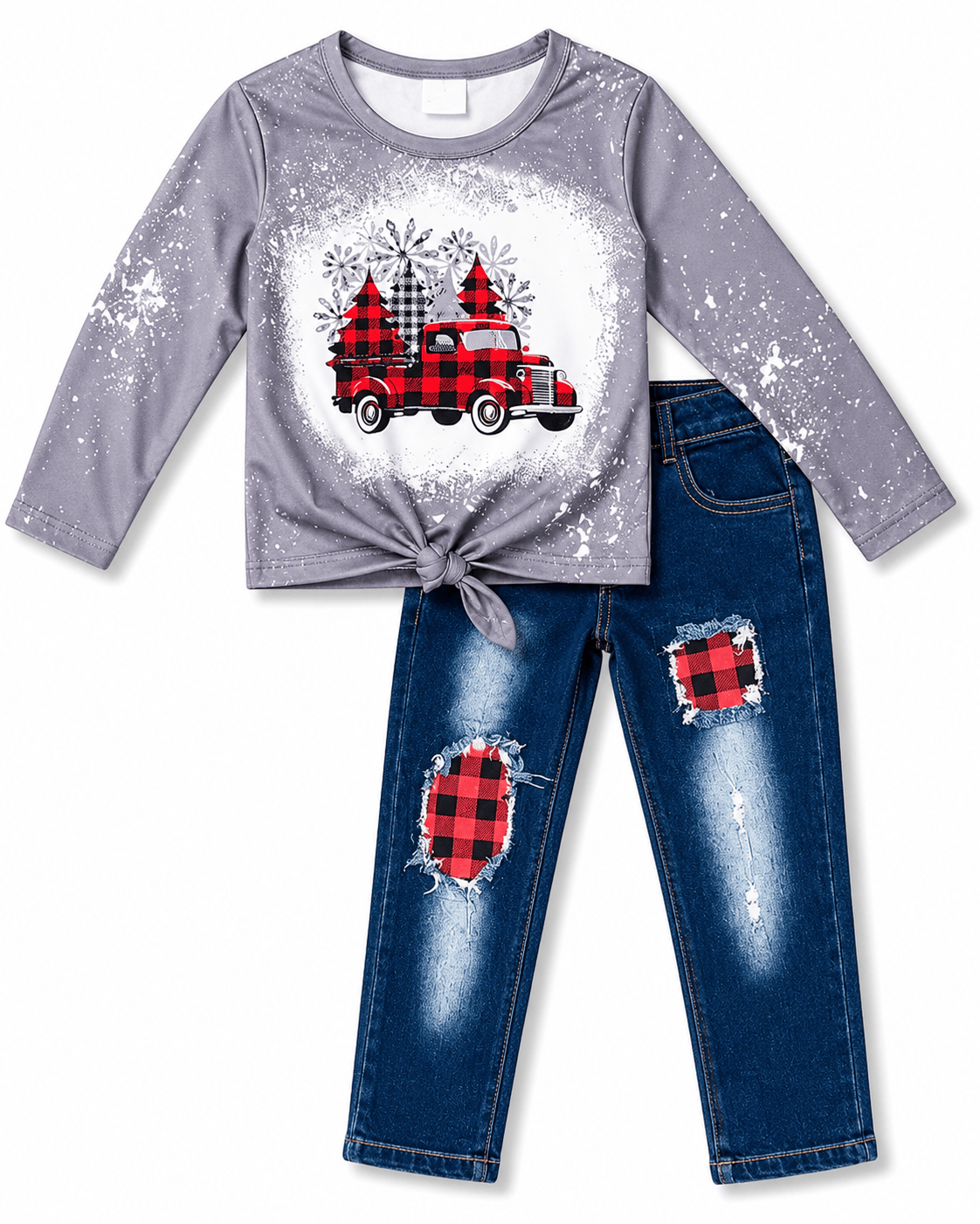ILTEX Apparel Kids Clothing Buffalo Plaid Bleached Christmas Truck Pant Outfit