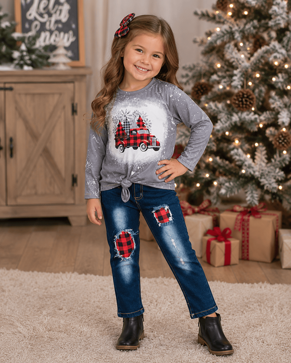 ILTEX Apparel Kids Clothing Buffalo Plaid Bleached Christmas Truck Pant Outfit