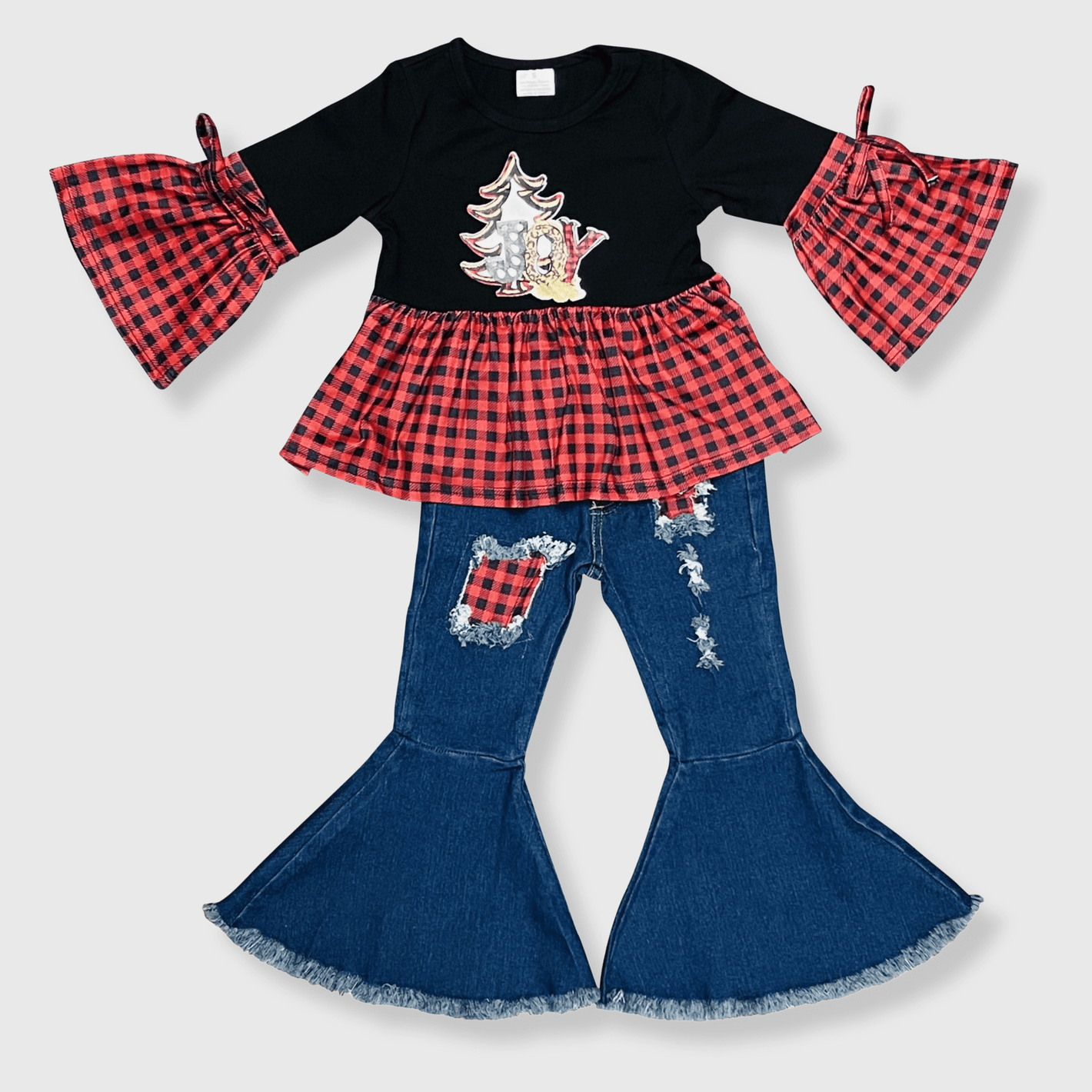 ILTEX Apparel Kids Clothing Buffalo Plaid 'Joy' Christmas Bell Bottom Outfit