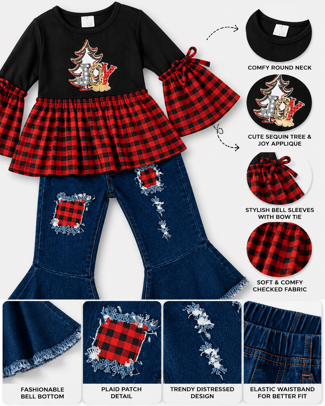ILTEX Apparel Kids Clothing Buffalo Plaid 'Joy' Christmas Bell Bottom Outfit