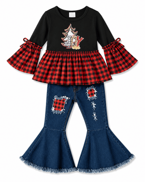 ILTEX Apparel Kids Clothing Buffalo Plaid 'Joy' Christmas Bell Bottom Outfit