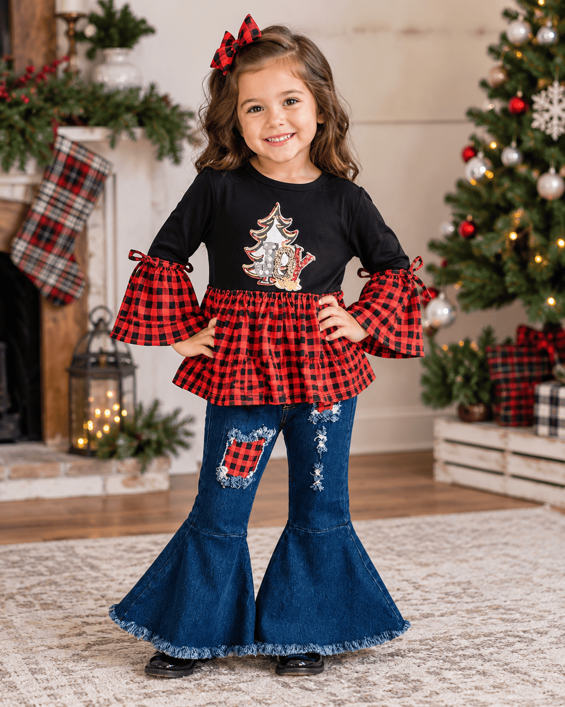 ILTEX Apparel Kids Clothing Buffalo Plaid 'Joy' Christmas Bell Bottom Outfit