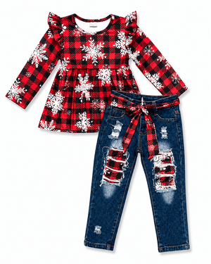 ILTEX Apparel Kids Clothing Buffalo Plaid Snowflakes Pant Outfit