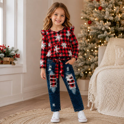 ILTEX Apparel Kids Clothing Buffalo Plaid Snowflakes Pant Outfit