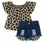 ILTEX Apparel Kids Clothing Cheetah Off The Shoulder Denim Shorts Outfit Kids
