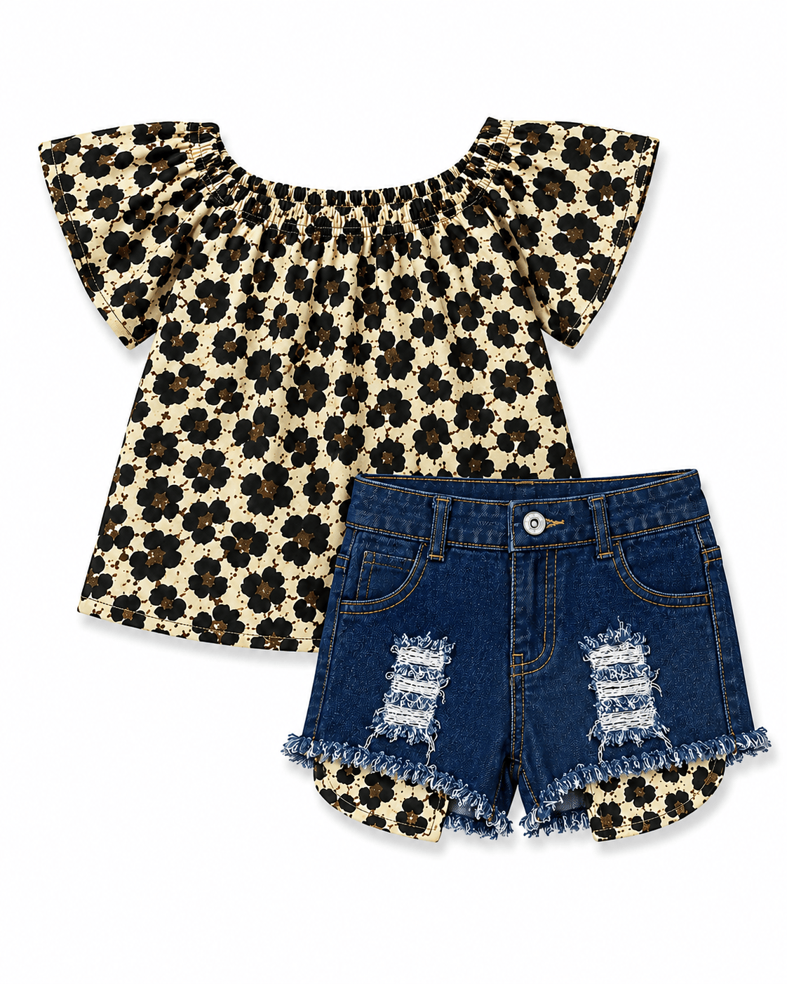 ILTEX Apparel Kids Clothing Cheetah Off The Shoulder Denim Shorts Outfit Kids