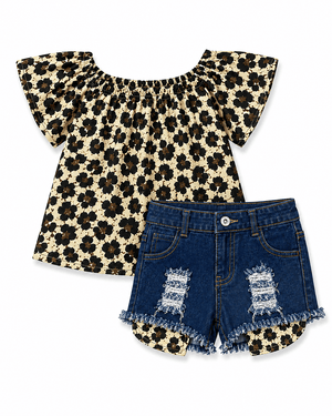 ILTEX Apparel Kids Clothing Cheetah Off The Shoulder Denim Shorts Outfit Kids
