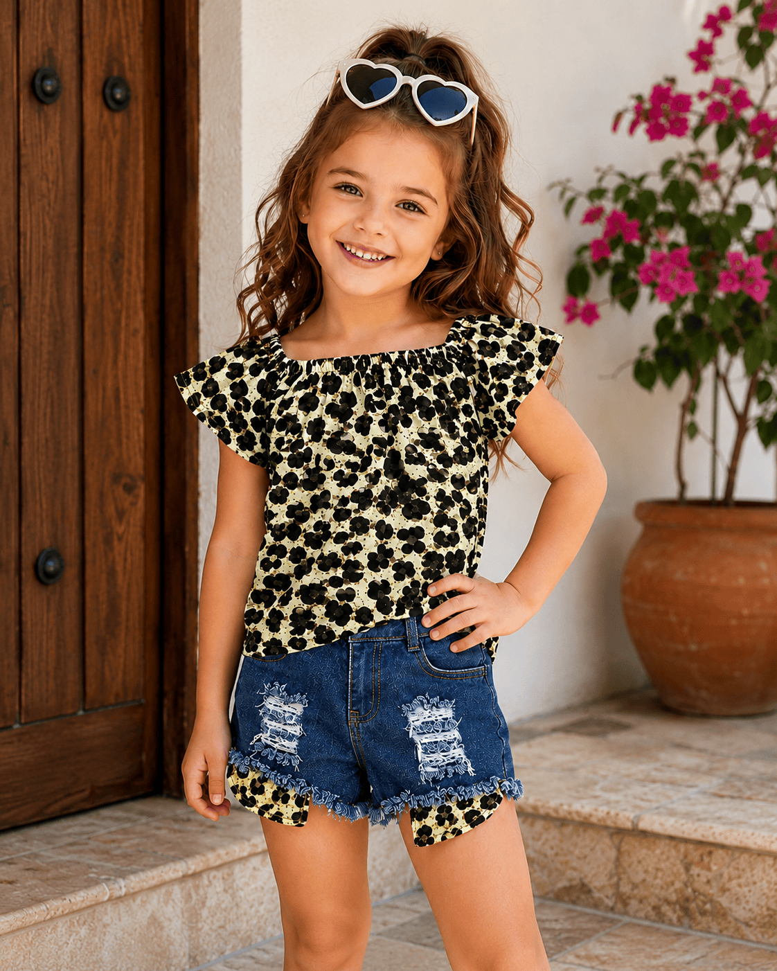 ILTEX Apparel Kids Clothing Cheetah Off The Shoulder Denim Shorts Outfit Kids