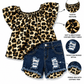 ILTEX Apparel Kids Clothing Cheetah Off The Shoulder Denim Shorts Outfit Kids