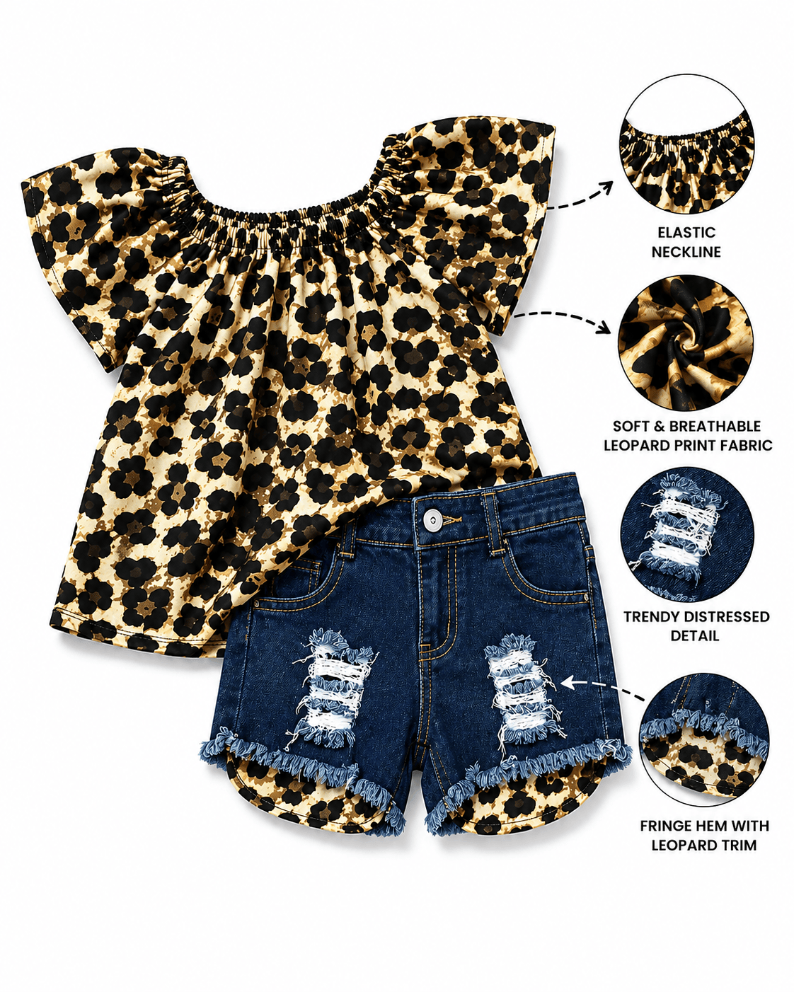 ILTEX Apparel Kids Clothing Cheetah Off The Shoulder Denim Shorts Outfit Kids