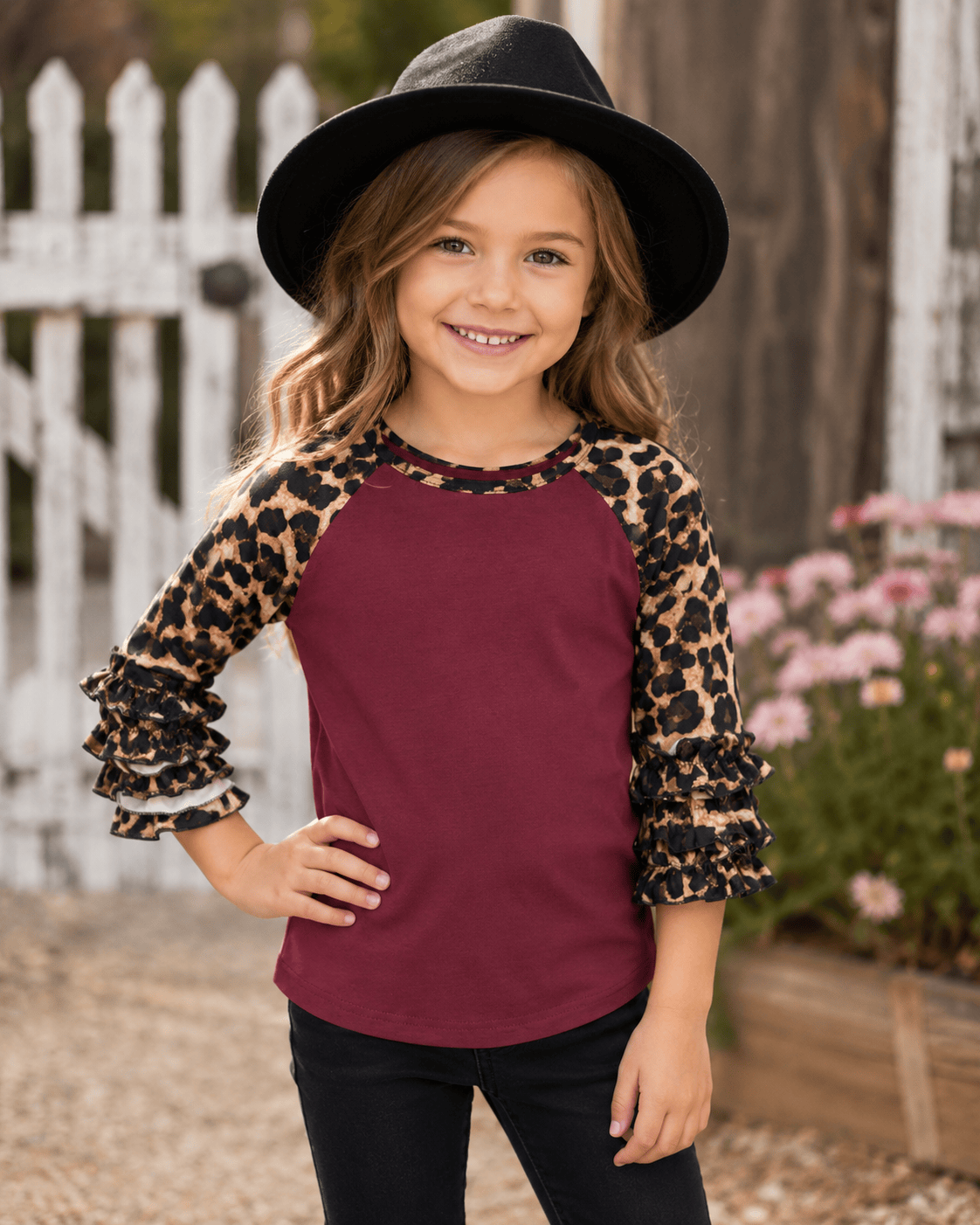 ILTEX Apparel Kids Clothing Cheetah Print Burgundy Ruffle Raglan Kids