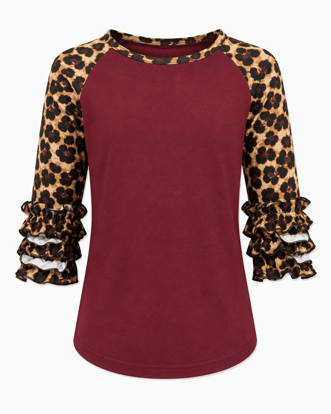 ILTEX Apparel Kids Clothing Cheetah Print Burgundy Ruffle Raglan Kids