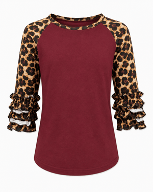 ILTEX Apparel Kids Clothing Cheetah Print Burgundy Ruffle Raglan Kids