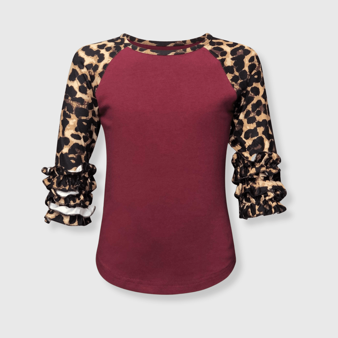 ILTEX Apparel Kids Clothing Cheetah Print Burgundy Ruffle Raglan Kids