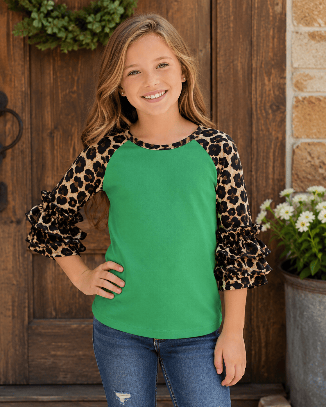 ILTEX Apparel Kids Clothing Cheetah Print Green Ruffle Raglan Kids